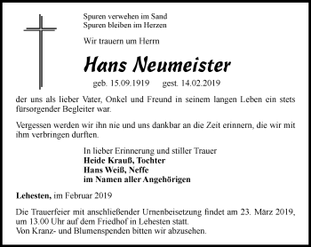 Traueranzeige von Hans Neumeister von Ostthüringer Zeitung