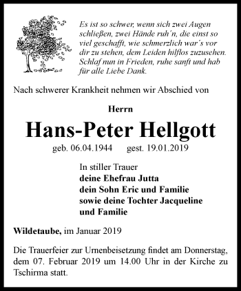 Traueranzeige von Hans-Peter Hellgott von Ostthüringer Zeitung