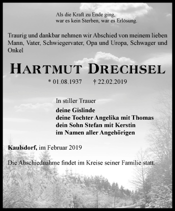 Traueranzeige von Hartmut Drechsel von Ostthüringer Zeitung