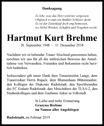 Traueranzeige von Hartmut Kurt Brehme von Ostthüringer Zeitung