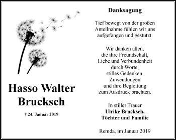Traueranzeige von Hasso Walter Bruksch von Ostthüringer Zeitung