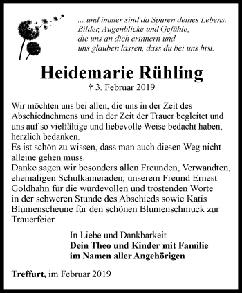 Traueranzeige von Heidemarie Rühling von Thüringer Allgemeine, Thüringische Landeszeitung