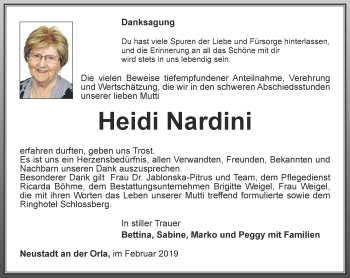 Traueranzeige von Heidi Nardini von Ostthüringer Zeitung