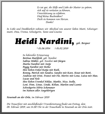 Traueranzeige von Heidi Nardini von Ostthüringer Zeitung