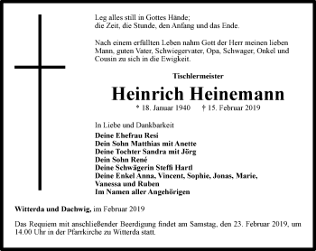 Traueranzeige von Heinrich Heinemann von Thüringer Allgemeine, Thüringische Landeszeitung