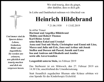 Traueranzeige von Heinrich Hildebrand von Thüringer Allgemeine, Thüringische Landeszeitung