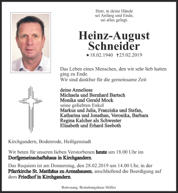 Traueranzeige von Heinz-August Schneider von Thüringer Allgemeine