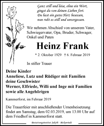 Traueranzeige von Heinz Frank von Thüringer Allgemeine, Thüringische Landeszeitung