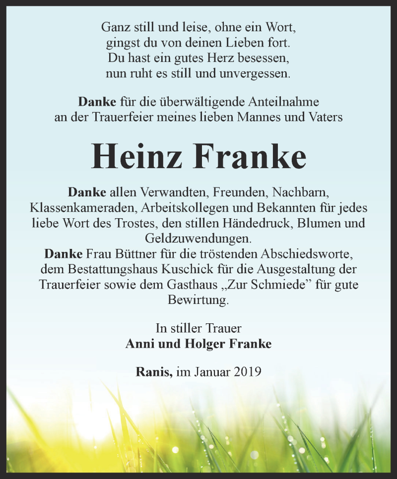  Traueranzeige für Heinz Franke vom 02.02.2019 aus Ostthüringer Zeitung
