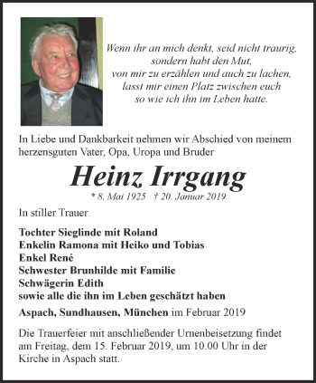 Traueranzeige von Heinz Irrgang von Ostthüringer Zeitung, Thüringische Landeszeitung