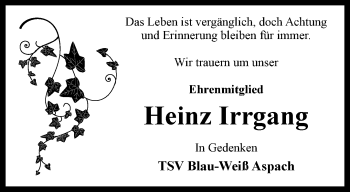 Traueranzeige von Heinz Irrgang von Ostthüringer Zeitung, Thüringische Landeszeitung