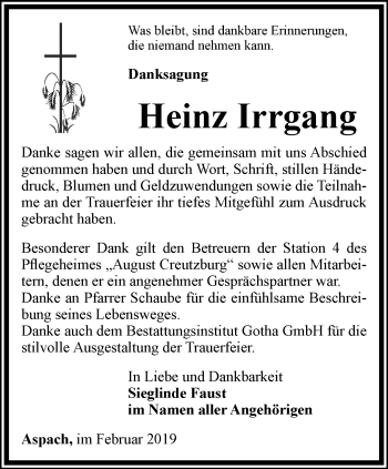 Traueranzeige von Heinz Irrgang von Ostthüringer Zeitung, Thüringische Landeszeitung