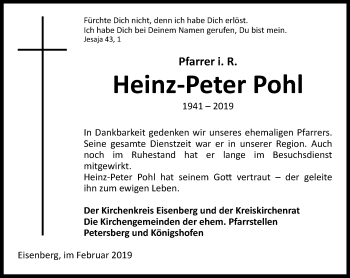 Traueranzeige von Heinz-Peter Pohl von Ostthüringer Zeitung