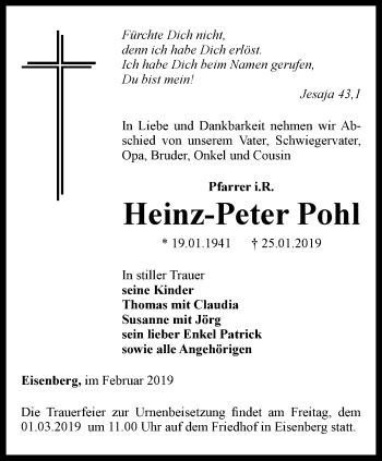Traueranzeige von Heinz-Peter Pohl von Ostthüringer Zeitung