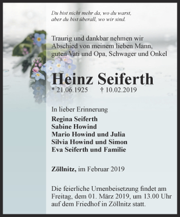 Traueranzeige von Heinz Seiferth von Ostthüringer Zeitung, Thüringische Landeszeitung