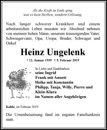 Traueranzeige von Heinz Ungelenk von Ostthüringer Zeitung, Thüringische Landeszeitung