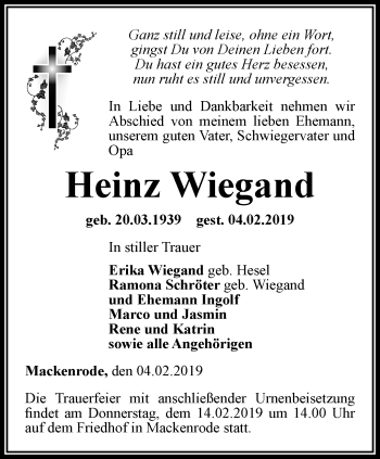 Traueranzeige von Heinz Wiegand von Thüringer Allgemeine