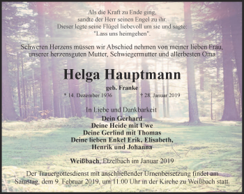 Traueranzeige von Helga Hauptmann von Ostthüringer Zeitung