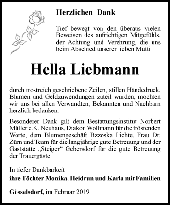 Traueranzeige von Hella Liebmann von Ostthüringer Zeitung