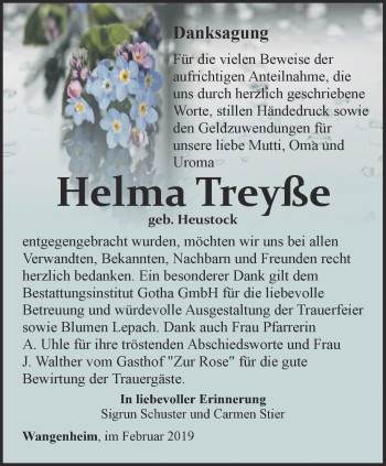 Traueranzeige von Helma Treyße von Ostthüringer Zeitung, Thüringische Landeszeitung