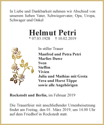 Traueranzeige von Helmut Petri von Thüringer Allgemeine