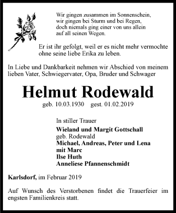Traueranzeige von Helmut Rodewald von Ostthüringer Zeitung