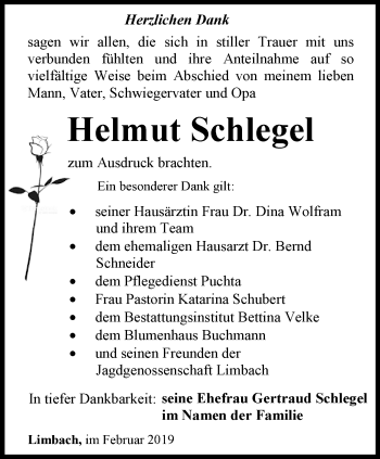 Traueranzeige von Helmut Schlegel von Ostthüringer Zeitung