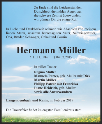 Traueranzeige von Hermann Müller von Ostthüringer Zeitung