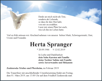 Traueranzeige von Herta Spranger von Ostthüringer Zeitung