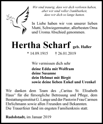 Traueranzeige von Hertha Scharf von Ostthüringer Zeitung