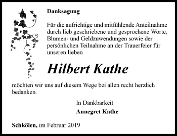 Traueranzeige von Hilbert Kathe von Ostthüringer Zeitung