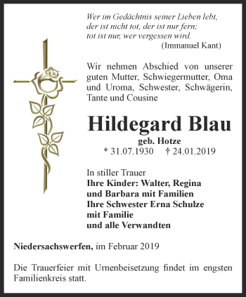 Traueranzeige von Hildegard Blau von Thüringer Allgemeine