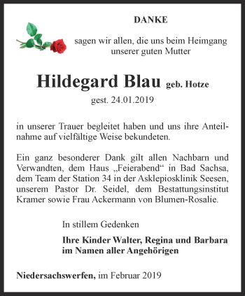 Traueranzeige von Hildegard Blau von Thüringer Allgemeine