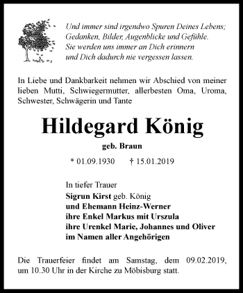 Traueranzeige von Hildegard König von Thüringer Allgemeine, Thüringische Landeszeitung