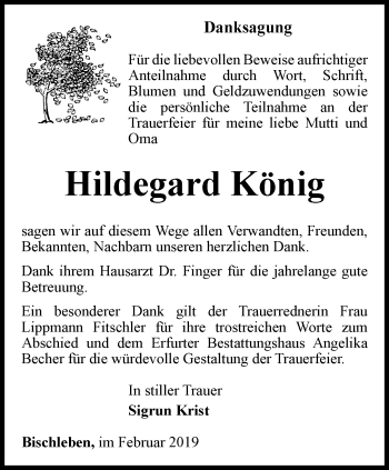 Traueranzeige von Hildegard König von Thüringer Allgemeine, Thüringische Landeszeitung