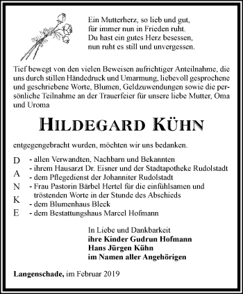 Traueranzeige von Hildegard Kühn von Ostthüringer Zeitung