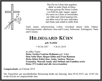 Traueranzeige von Hildegard Kühn von Ostthüringer Zeitung