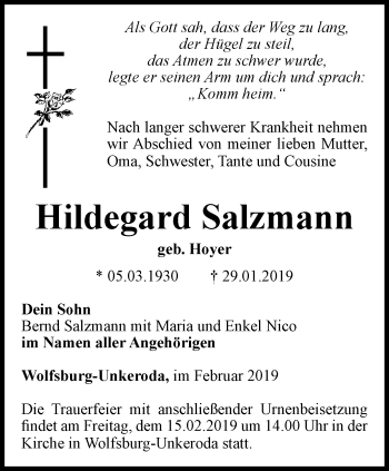 Traueranzeige von Hildegard Salzmann von Thüringer Allgemeine, Thüringische Landeszeitung