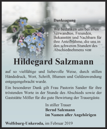 Traueranzeige von Hildegard Salzmann von Thüringer Allgemeine, Thüringische Landeszeitung