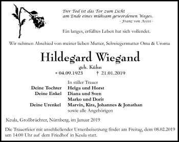 Traueranzeige von Hildegard Wiegand von Thüringer Allgemeine