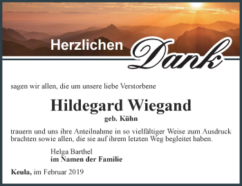 Traueranzeige von Hildegard Wiegand von Thüringer Allgemeine