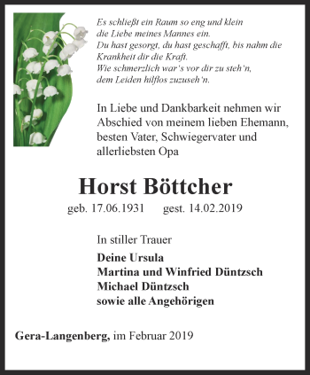 Traueranzeige von Horst Böttcher von Ostthüringer Zeitung