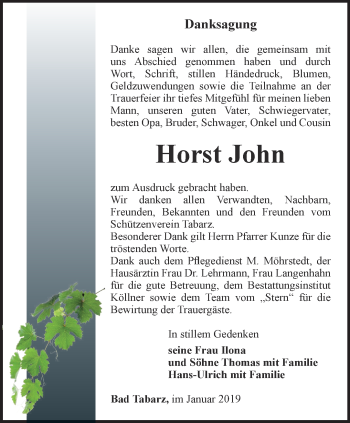 Traueranzeige von Horst John von Ostthüringer Zeitung, Thüringische Landeszeitung