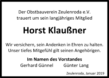 Traueranzeige von Horst Klaußner von Ostthüringer Zeitung