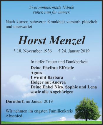Traueranzeige von Horst Menzel von Ostthüringer Zeitung, Thüringische Landeszeitung