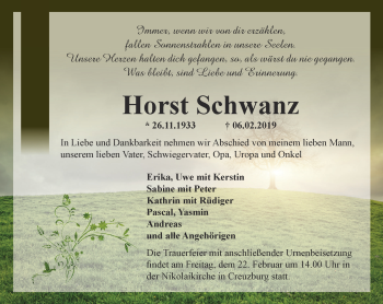 Traueranzeige von Horst Schwanz von Thüringer Allgemeine, Thüringische Landeszeitung