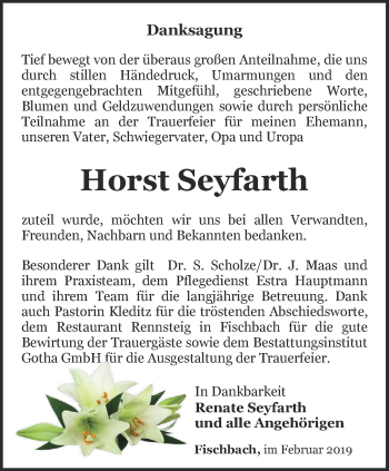 Traueranzeige von Horst Seyfarth von Ostthüringer Zeitung, Thüringische Landeszeitung