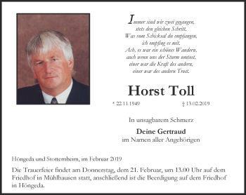 Traueranzeige von Horst Toll von Thüringer Allgemeine, Thüringische Landeszeitung