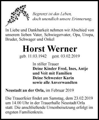 Traueranzeige von Horst Werner von Ostthüringer Zeitung