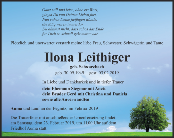 Traueranzeige von Ilona Leithiger von Ostthüringer Zeitung